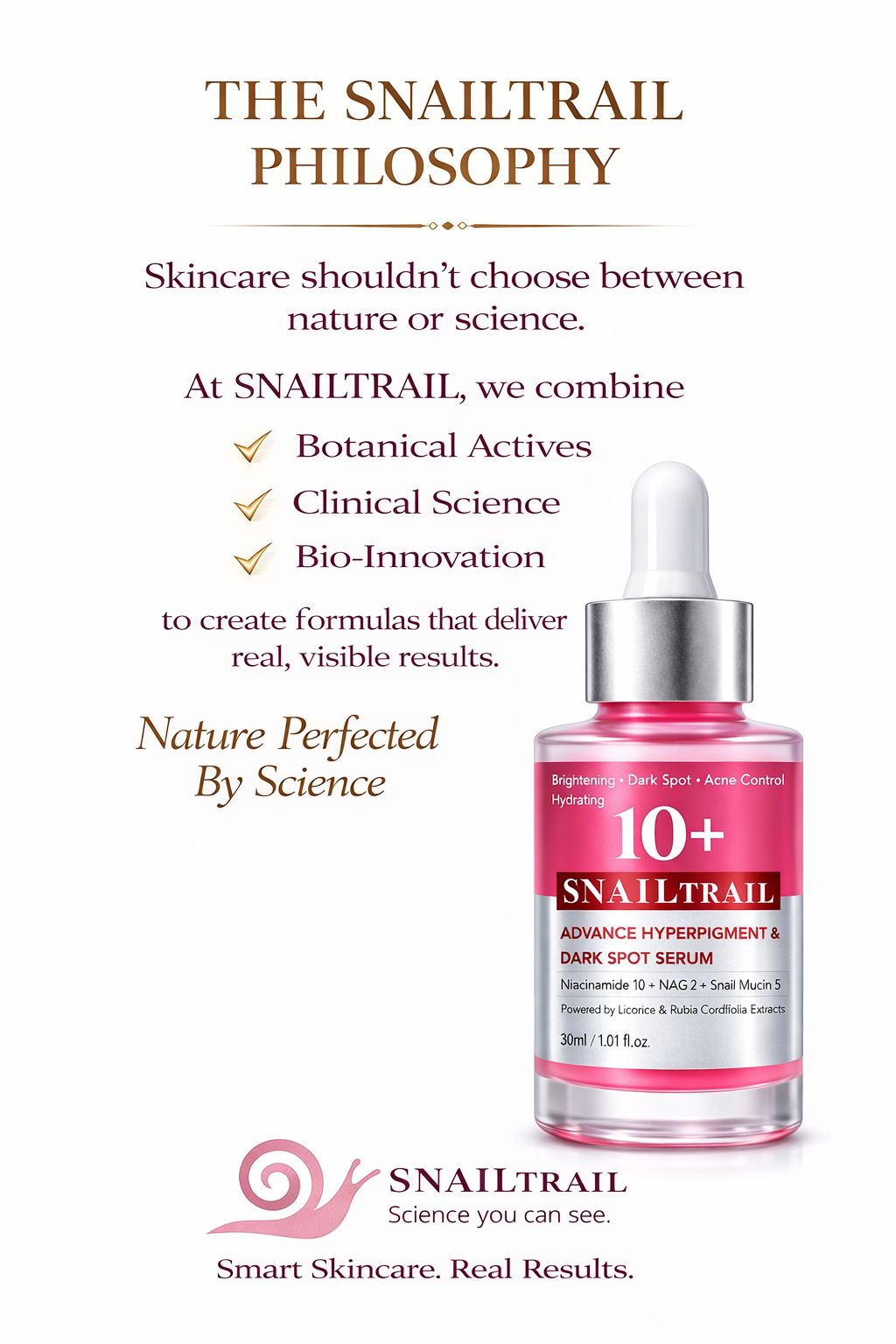 SNAILTRAIL Advanced Dark Spots & Hyperpigmentation Corrector Face Serum | Reduces Acne Marks & Melasma | 10% Niacinamide, 5% Snail Mucin & 2% NAG | Evens Skin Tone & Brightens Dull Skin | With Licorice & Manjistha | For All Skin Types – 30ml