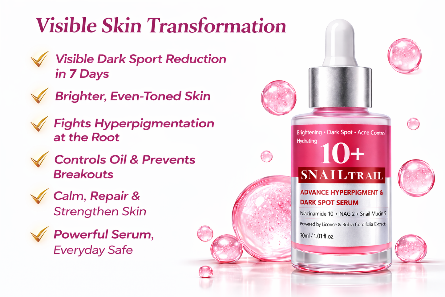 SNAILTRAIL Advanced Dark Spots & Hyperpigmentation Corrector Face Serum | Reduces Acne Marks & Melasma | 10% Niacinamide, 5% Snail Mucin & 2% NAG | Evens Skin Tone & Brightens Dull Skin | With Licorice & Manjistha | For All Skin Types – 30ml