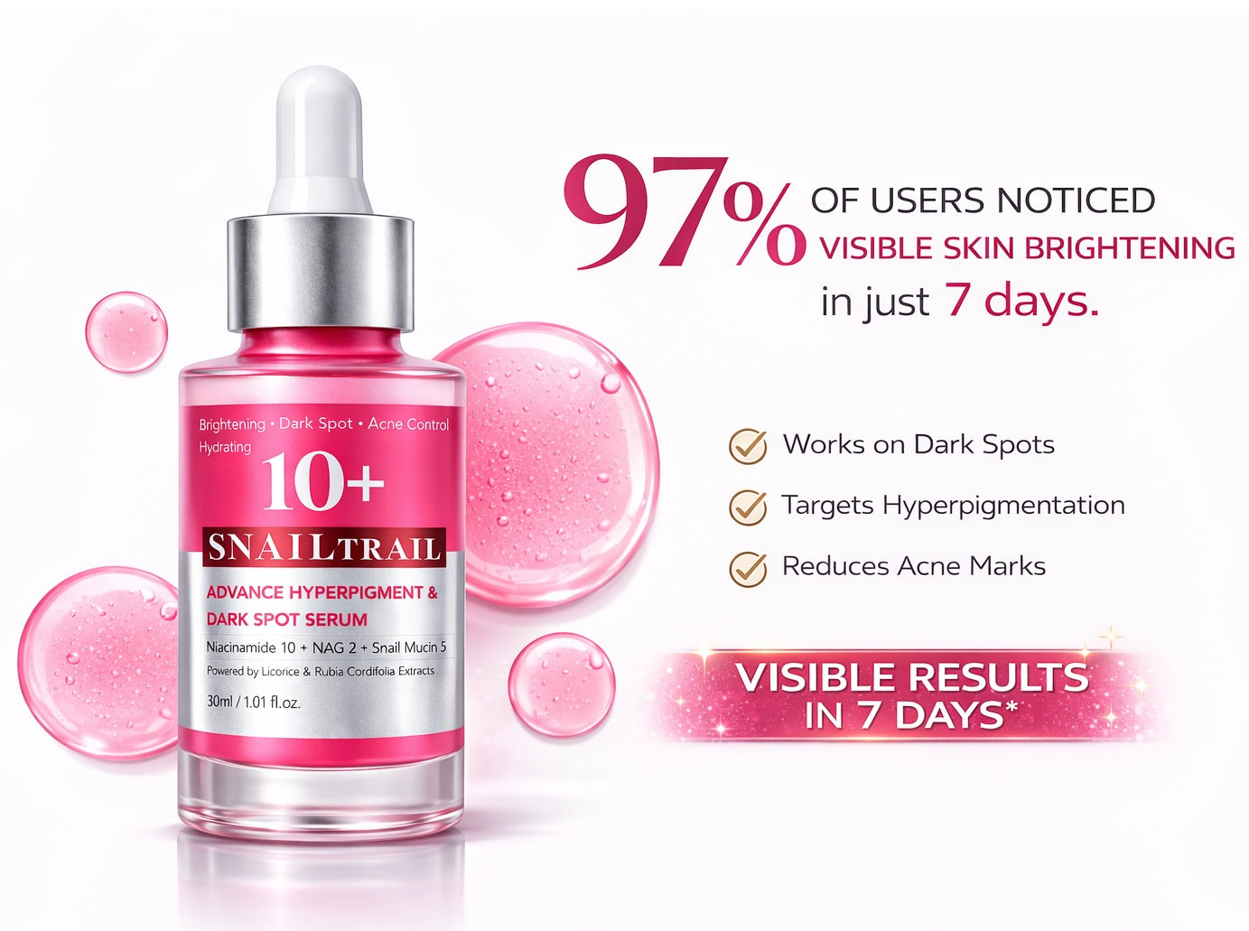 SNAILTRAIL Advanced Dark Spots & Hyperpigmentation Corrector Face Serum | Reduces Acne Marks & Melasma | 10% Niacinamide, 5% Snail Mucin & 2% NAG | Evens Skin Tone & Brightens Dull Skin | With Licorice & Manjistha | For All Skin Types – 30ml