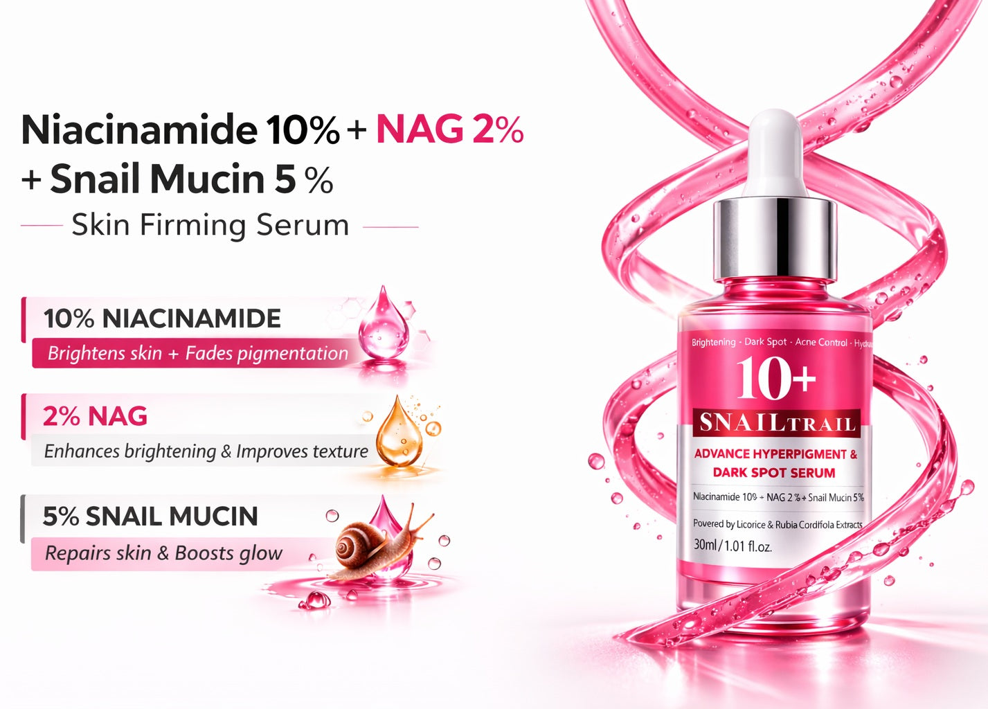 SNAILTRAIL Advanced Dark Spots & Hyperpigmentation Corrector Face Serum | Reduces Acne Marks & Melasma | 10% Niacinamide, 5% Snail Mucin & 2% NAG | Evens Skin Tone & Brightens Dull Skin | With Licorice & Manjistha | For All Skin Types – 30ml